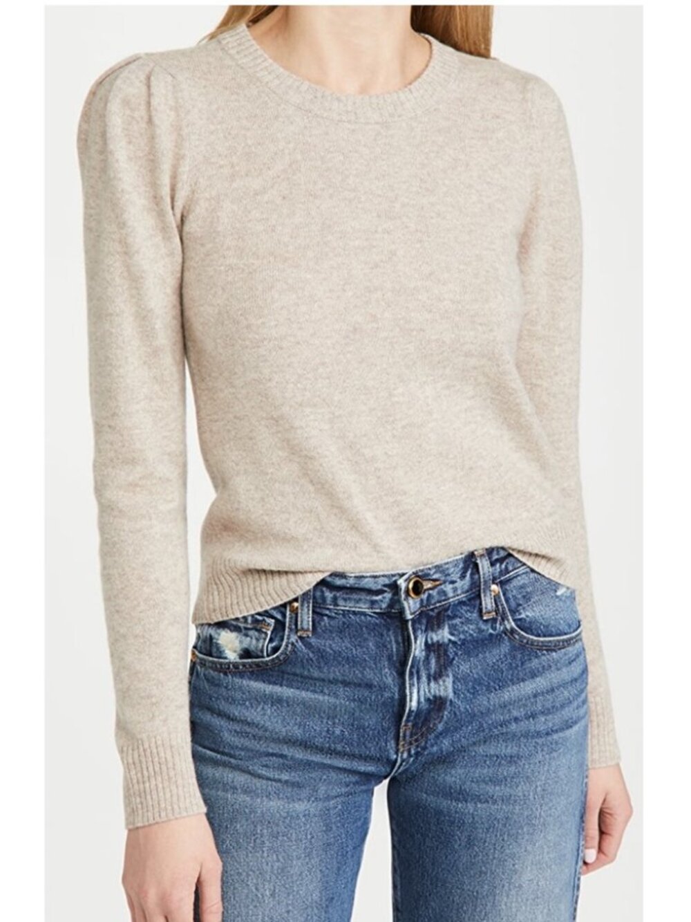 Reformation Cashmere Crew Puff Sleeve Sweater Oatmeal Size S Soft Knit